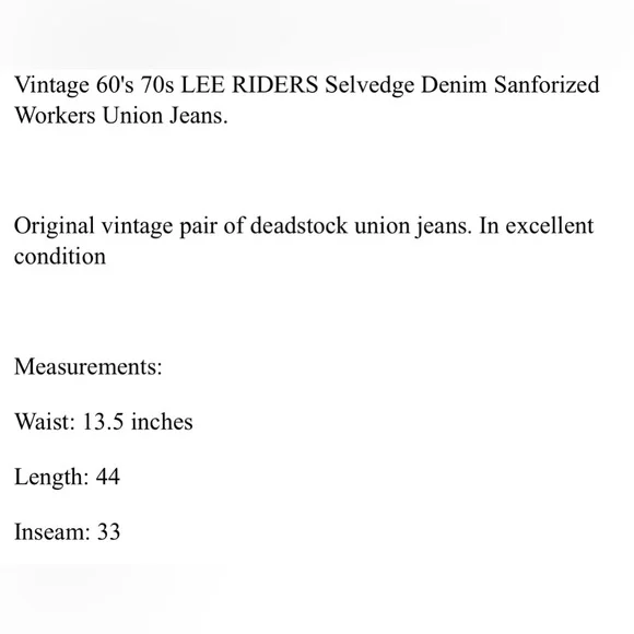Vintage 60's 70s LEE RIDERS Selvedge Denim Sanforized Workers Union Made Jeans - Picture 10 of 10